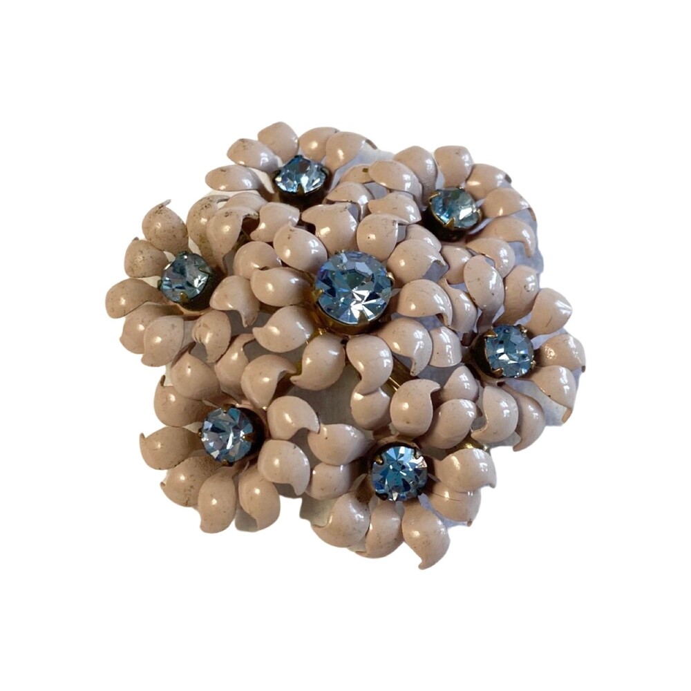Vintage 1950s Pink Tin Enamel Flower Brooch with Blue Rhinestones